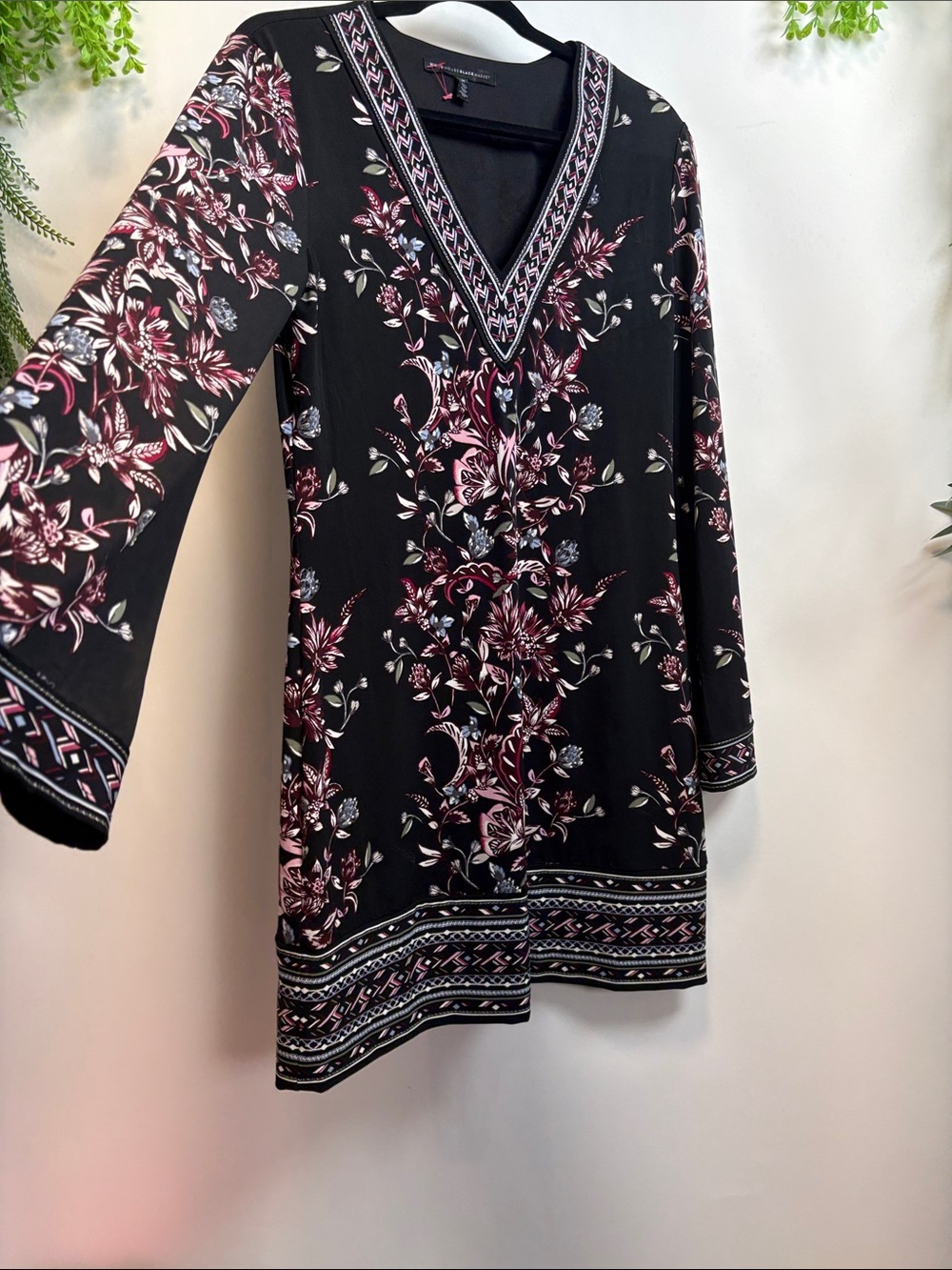 White House Black Market Black Midi Dress with Pink Floral Print